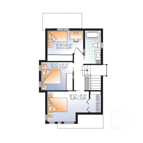 2nd level - Comfortable & small 976 sq.ft. tiny house plan, 3 bedrooms, open floor plan, screened porch on rear balcony - Iris