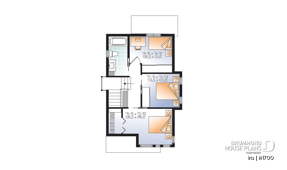 2nd level - Comfortable &amp; small 976 sq.ft. tiny house plan, 3 bedrooms, open floor plan, screened porch on rear balcony - Iris