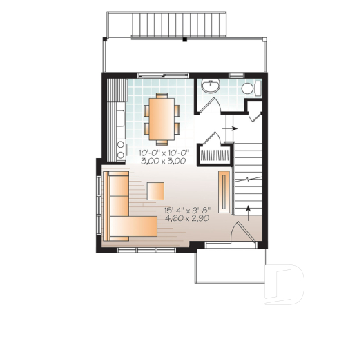 2nd level - Contemporary 3 floor house design for narrow lot, affordable urban design, open concept, large covered deck - Elia