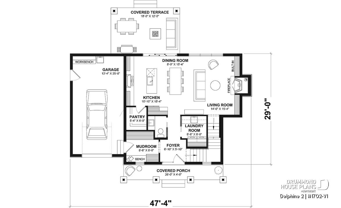 1st level - Compact Country house plan with garage, 3 bedrooms, 2.5 bathrooms, master bedroom with private ensuite - Delphine 2