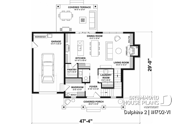 1st level - Compact Country house plan with garage, 3 bedrooms, 2.5 bathrooms, master bedroom with private ensuite - Delphine 2