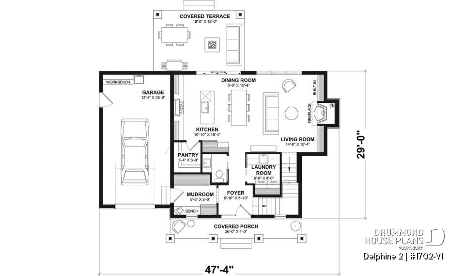 1st level - Compact Country house plan with garage, 3 bedrooms, 2.5 bathrooms, master bedroom with private ensuite - Delphine 2