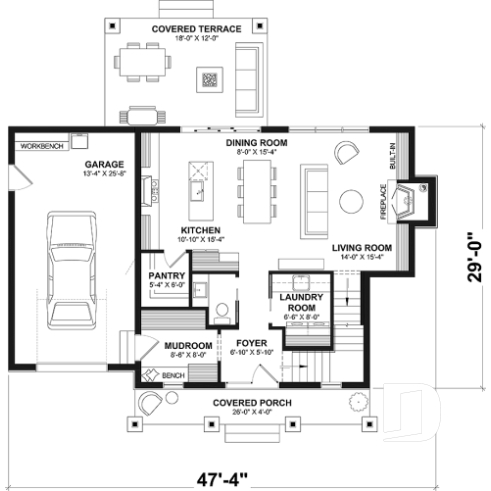 1st level - Compact Country house plan with garage, 3 bedrooms, 2.5 bathrooms, master bedroom with private ensuite - Delphine 2