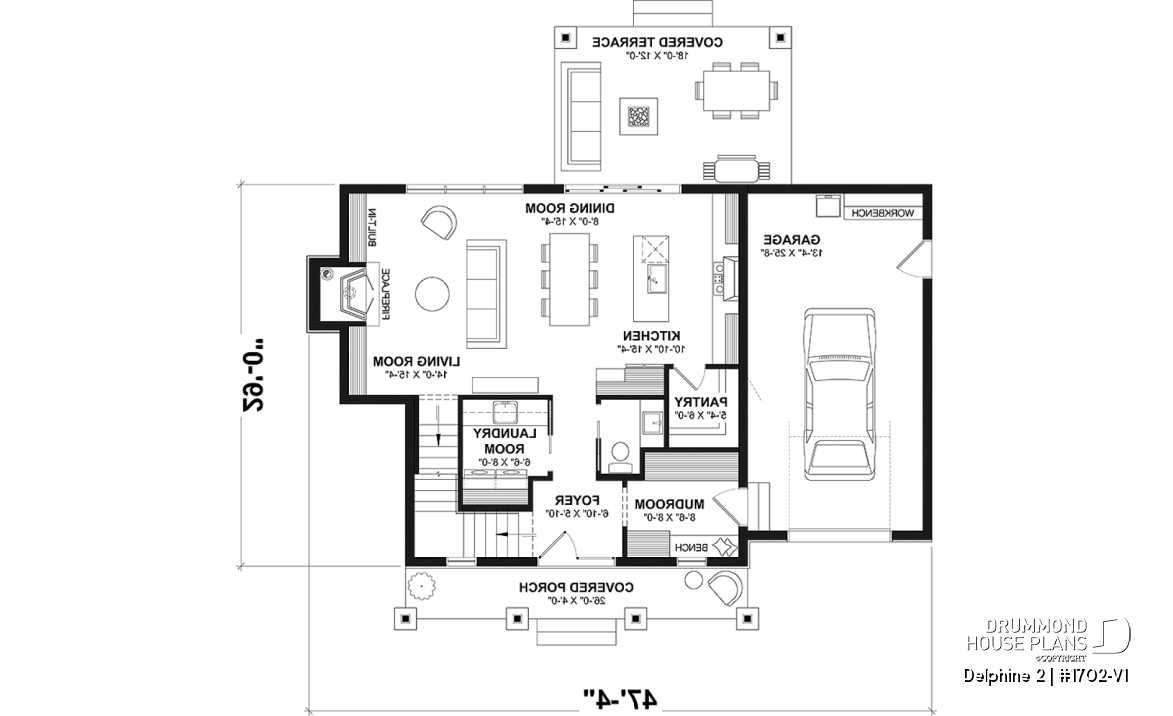 1st level - Compact Country house plan with garage, 3 bedrooms, 2.5 bathrooms, master bedroom with private ensuite - Delphine 2