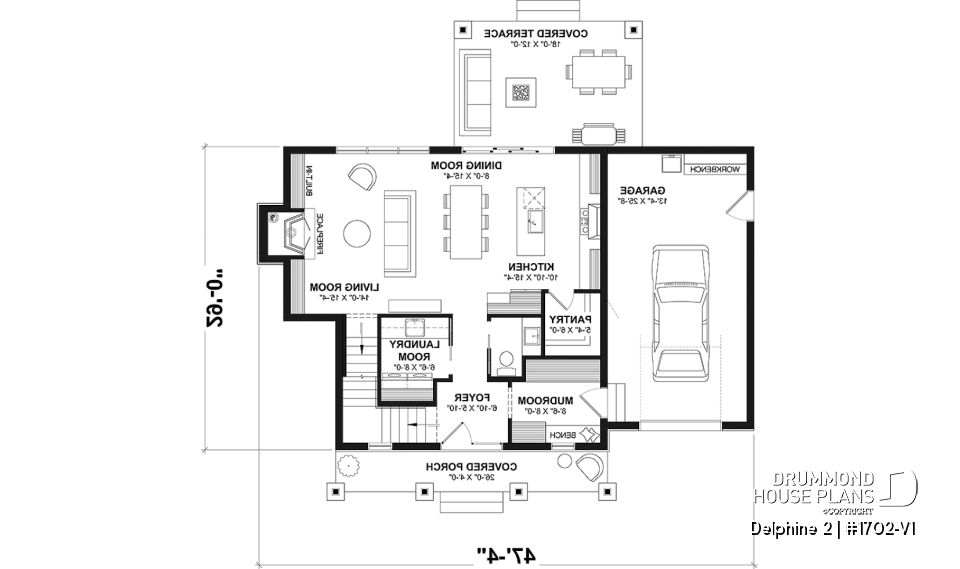 1st level - Compact Country house plan with garage, 3 bedrooms, 2.5 bathrooms, master bedroom with private ensuite - Delphine 2
