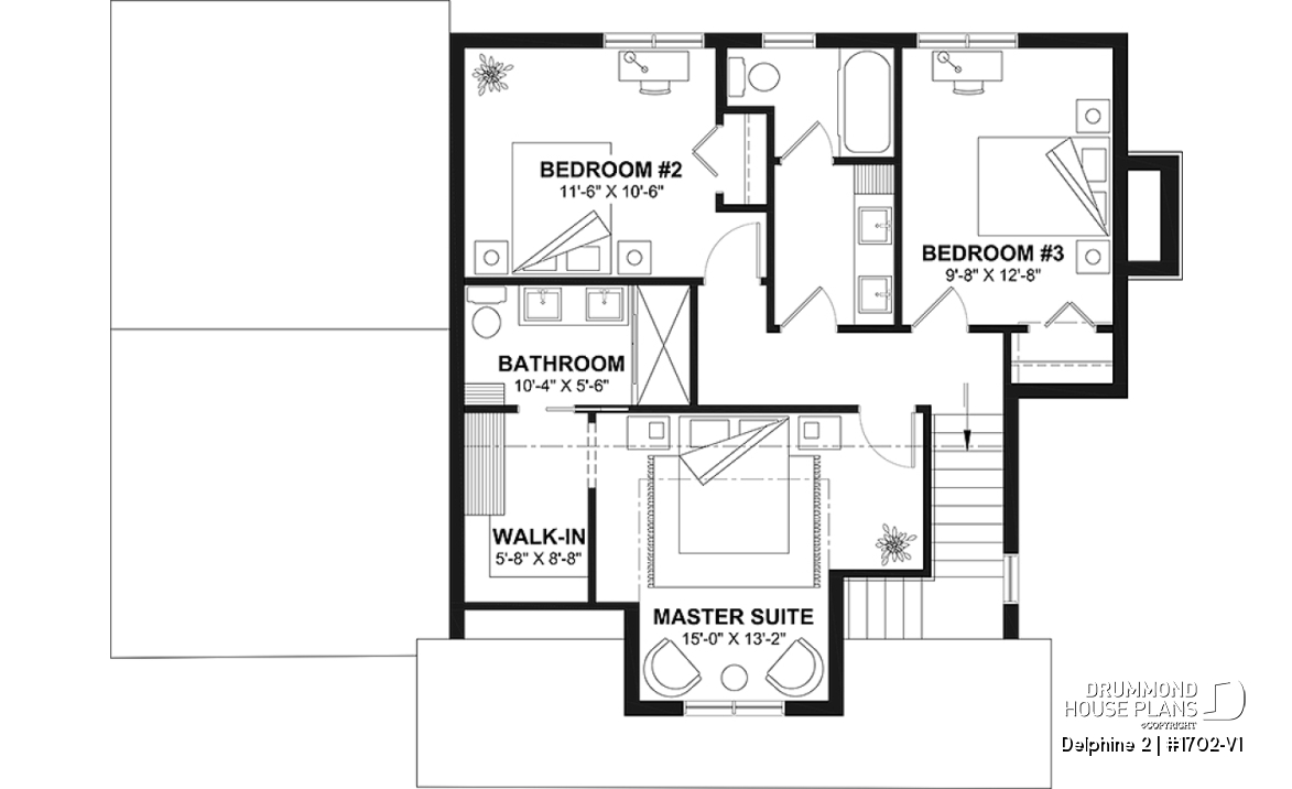 2nd level - Compact Country house plan with garage, 3 bedrooms, 2.5 bathrooms, master bedroom with private ensuite - Delphine 2
