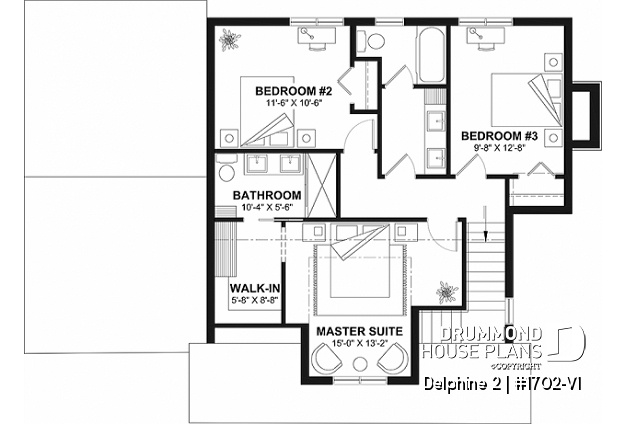 2nd level - Compact Country house plan with garage, 3 bedrooms, 2.5 bathrooms, master bedroom with private ensuite - Delphine 2