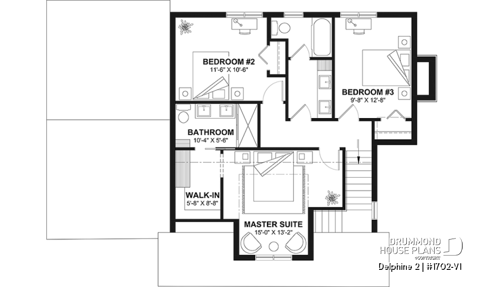 2nd level - Compact Country house plan with garage, 3 bedrooms, 2.5 bathrooms, master bedroom with private ensuite - Delphine 2