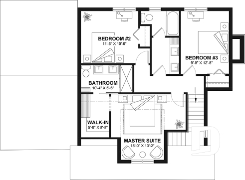 2nd level - Compact Country house plan with garage, 3 bedrooms, 2.5 bathrooms, master bedroom with private ensuite - Delphine 2