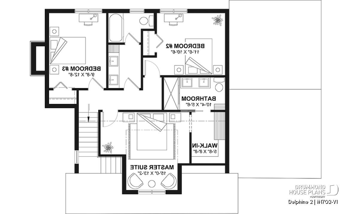 2nd level - Compact Country house plan with garage, 3 bedrooms, 2.5 bathrooms, master bedroom with private ensuite - Delphine 2