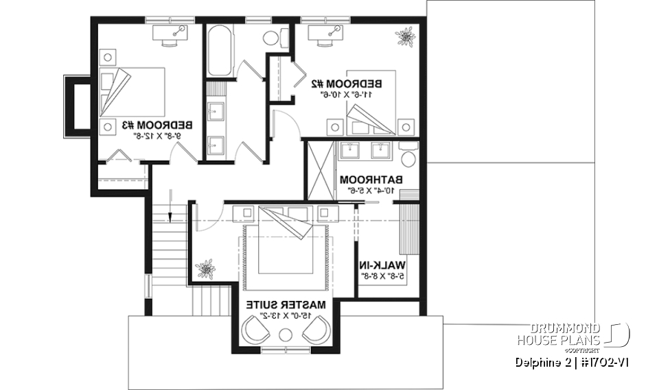 2nd level - Compact Country house plan with garage, 3 bedrooms, 2.5 bathrooms, master bedroom with private ensuite - Delphine 2