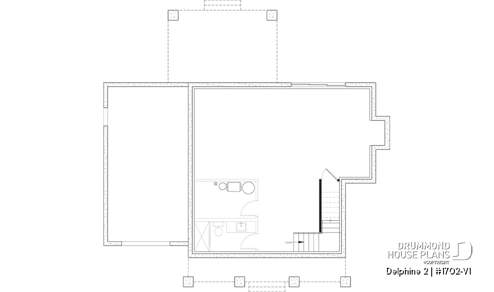 Unfinished basement - Compact Country house plan with garage, 3 bedrooms, 2.5 bathrooms, master bedroom with private ensuite - Delphine 2