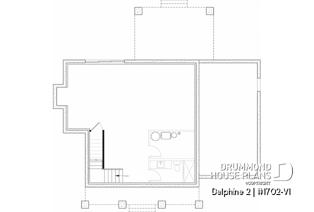 Unfinished basement - Compact Country house plan with garage, 3 bedrooms, 2.5 bathrooms, master bedroom with private ensuite - Delphine 2