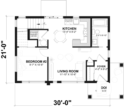 1st level - Slab foundation - Compact Modern Home Plan with Open Floor Plan, Upstairs Suite and Spacious Terrace - Joshua