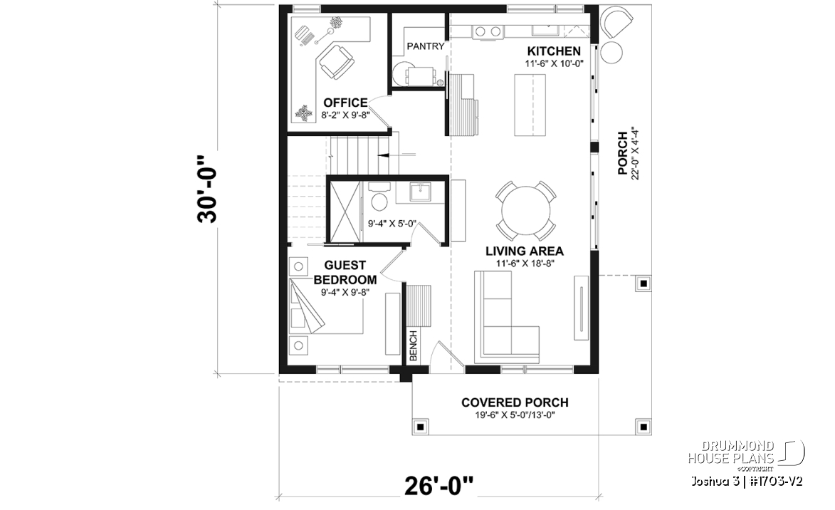 1st level - Small Modern house plan 2 bedrooms + office, compact kitchen with island and pantry, large 2nd floor terrace - Joshua 3
