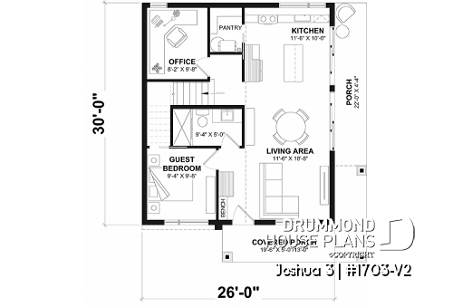 1st level - Small Modern house plan 2 bedrooms + office, compact kitchen with island and pantry, large 2nd floor terrace - Joshua 3