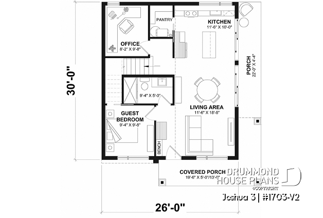 1st level - Small Modern house plan 2 bedrooms + office, compact kitchen with island and pantry, large 2nd floor terrace - Joshua 3