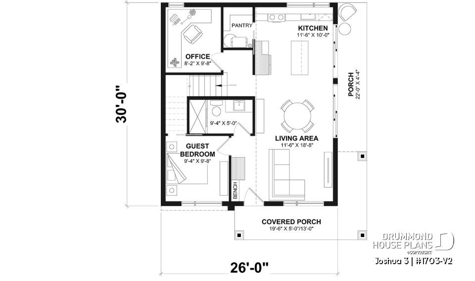 1st level - Small Modern house plan 2 bedrooms + office, compact kitchen with island and pantry, large 2nd floor terrace - Joshua 3