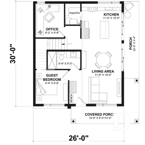1st level - Small Modern house plan 2 bedrooms + office, compact kitchen with island and pantry, large 2nd floor terrace - Joshua 3