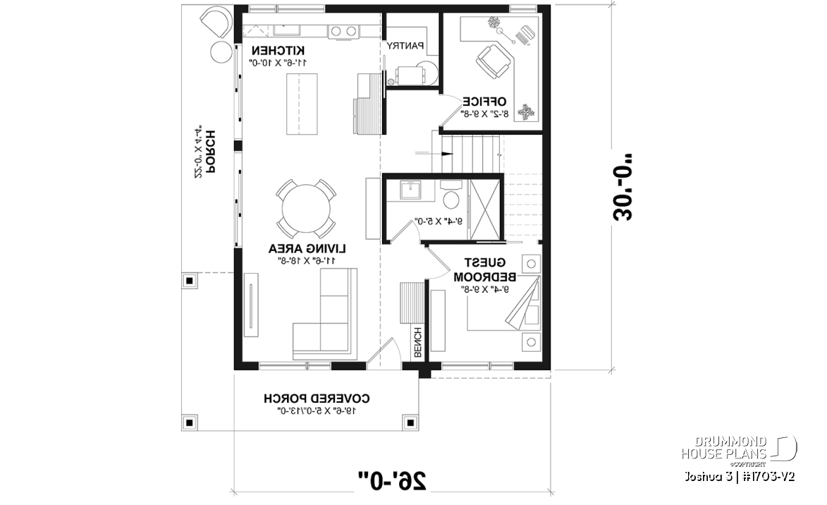 1st level - Small Modern house plan 2 bedrooms + office, compact kitchen with island and pantry, large 2nd floor terrace - Joshua 3