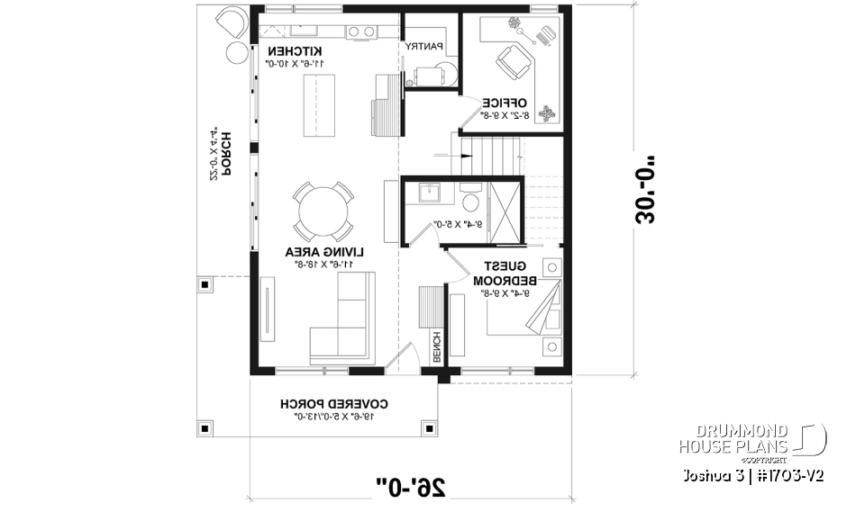 1st level - Small Modern house plan 2 bedrooms + office, compact kitchen with island and pantry, large 2nd floor terrace - Joshua 3