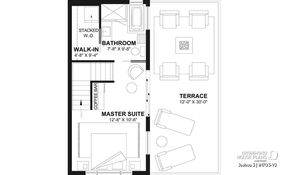 2nd level - Small Modern house plan 2 bedrooms + office, compact kitchen with island and pantry, large 2nd floor terrace - Joshua 3
