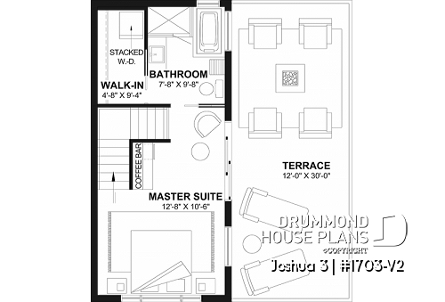 2nd level - Small Modern house plan 2 bedrooms + office, compact kitchen with island and pantry, large 2nd floor terrace - Joshua 3