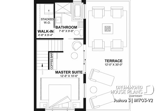 2nd level - Small Modern house plan 2 bedrooms + office, compact kitchen with island and pantry, large 2nd floor terrace - Joshua 3