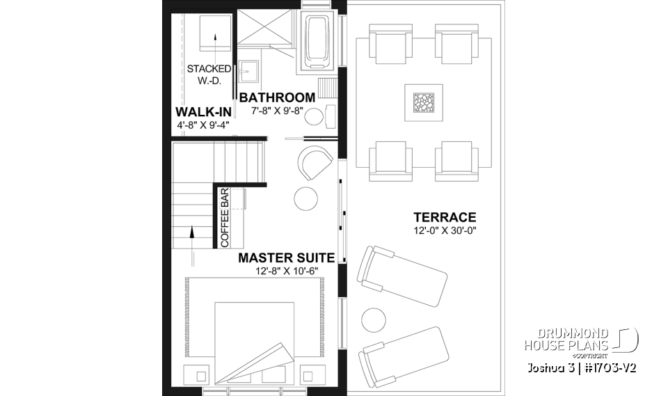 2nd level - Small Modern house plan 2 bedrooms + office, compact kitchen with island and pantry, large 2nd floor terrace - Joshua 3