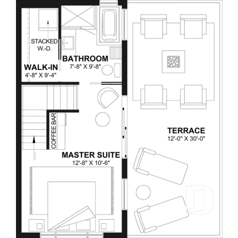 2nd level - Small Modern house plan 2 bedrooms + office, compact kitchen with island and pantry, large 2nd floor terrace - Joshua 3