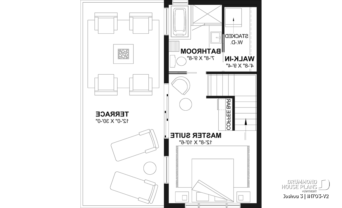 2nd level - Small Modern house plan 2 bedrooms + office, compact kitchen with island and pantry, large 2nd floor terrace - Joshua 3