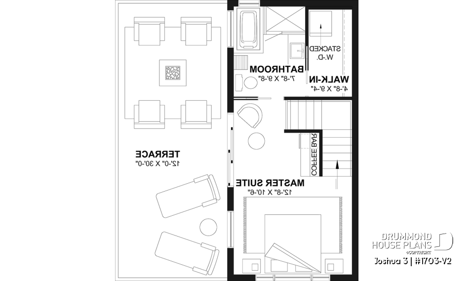 2nd level - Small Modern house plan 2 bedrooms + office, compact kitchen with island and pantry, large 2nd floor terrace - Joshua 3
