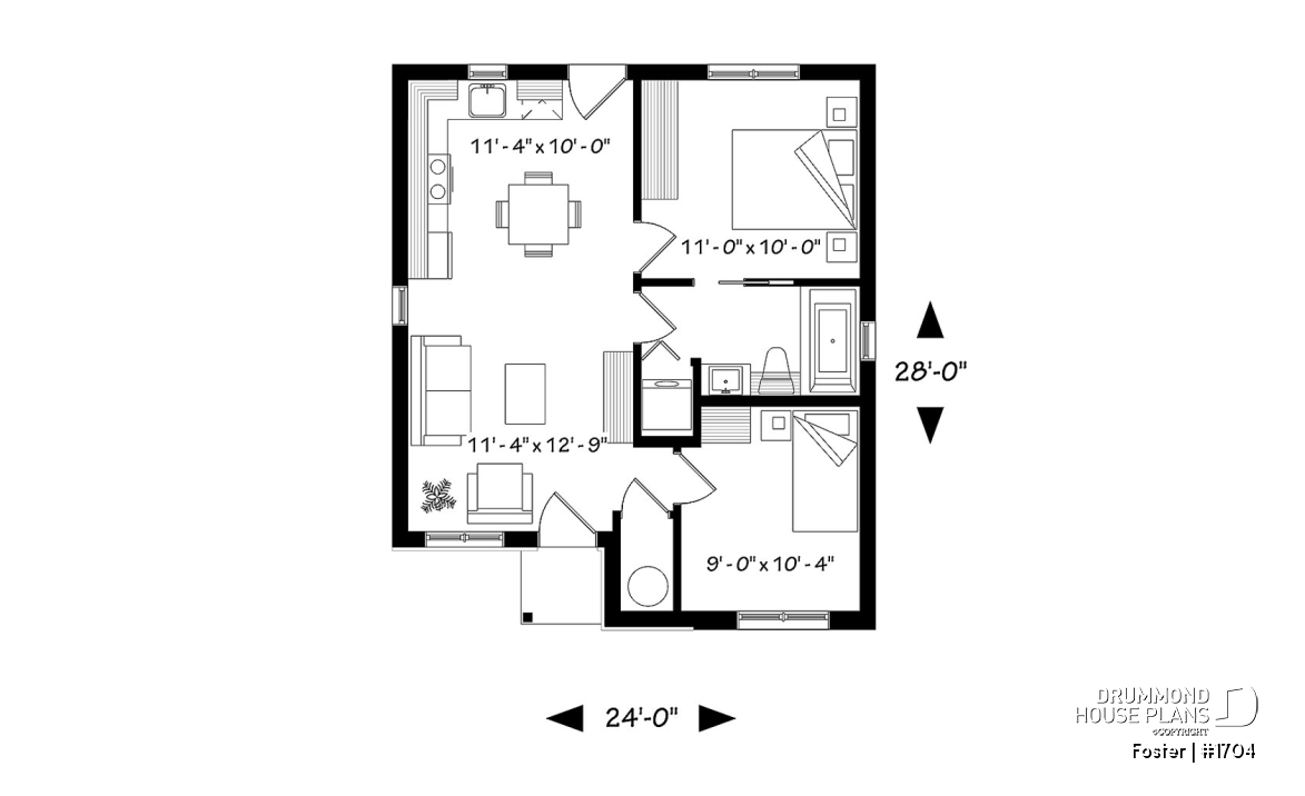 1st level - Small tiny modern home plan, 2 bedrooms, full bathroom, open floor plan, laundry closet - Foster