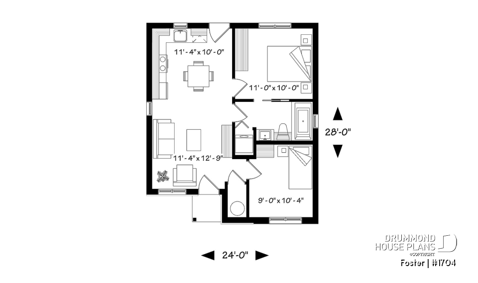 1st level - Small tiny modern home plan, 2 bedrooms, full bathroom, open floor plan, laundry closet - Foster