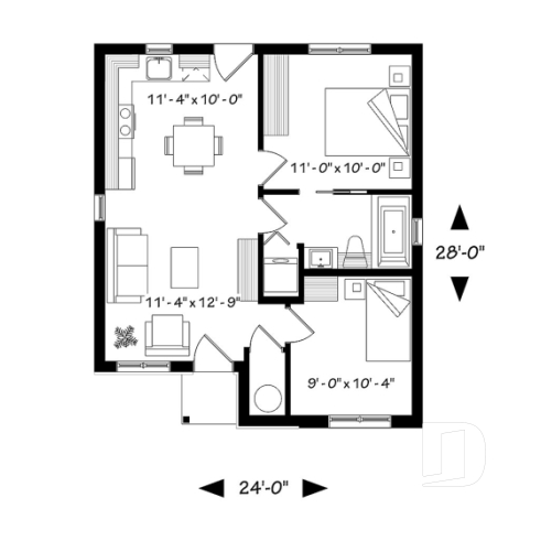 1st level - Small tiny modern home plan, 2 bedrooms, full bathroom, open floor plan, laundry closet - Foster