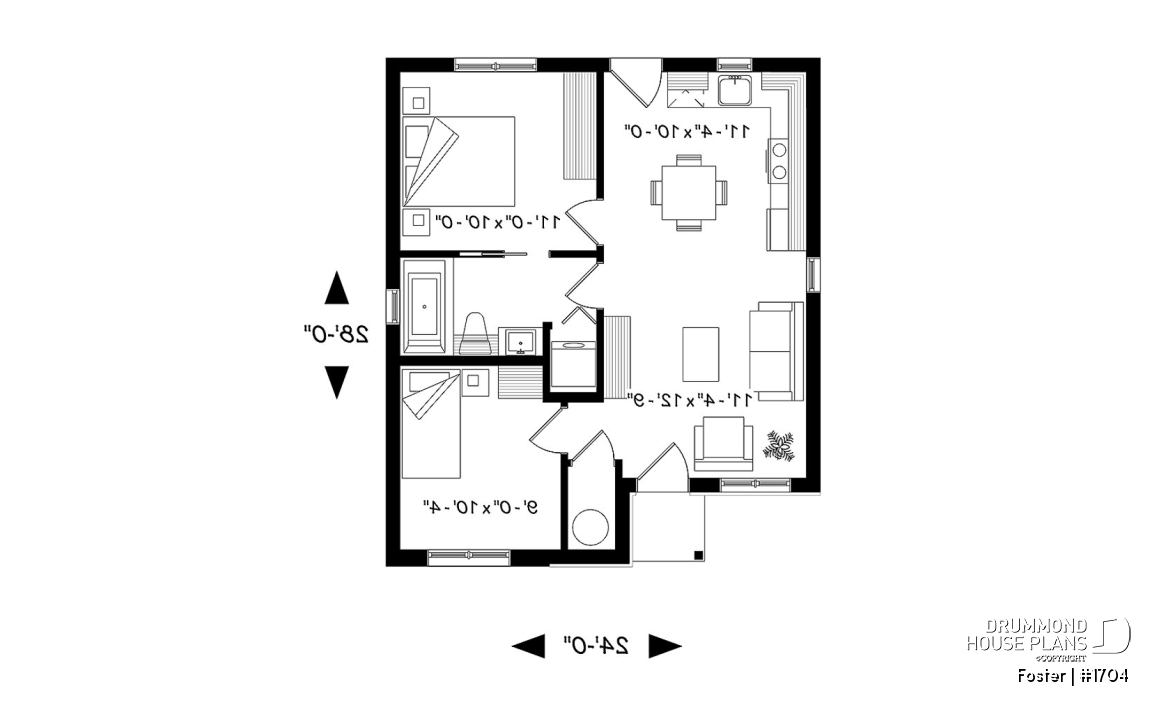 1st level - Small tiny modern home plan, 2 bedrooms, full bathroom, open floor plan, laundry closet - Foster
