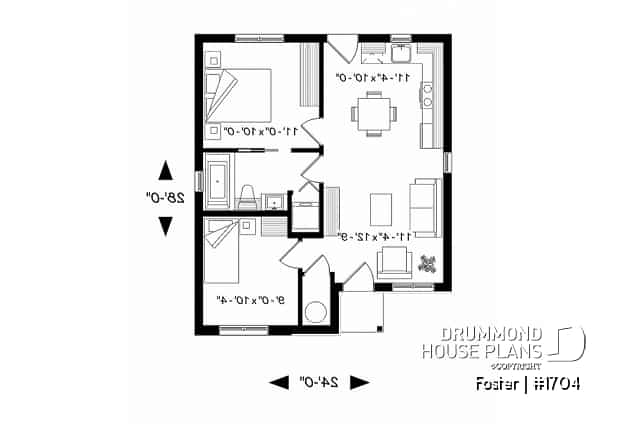1st level - Small tiny modern home plan, 2 bedrooms, full bathroom, open floor plan, laundry closet - Foster