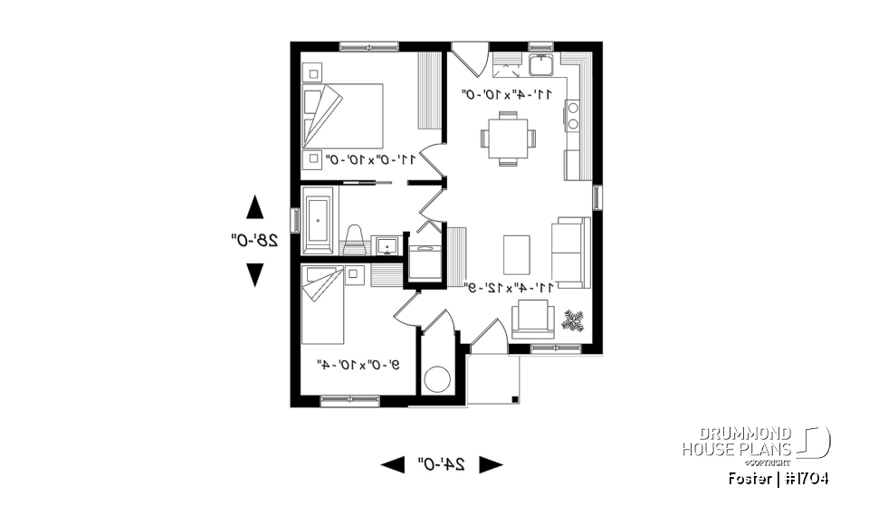 1st level - Small tiny modern home plan, 2 bedrooms, full bathroom, open floor plan, laundry closet - Foster