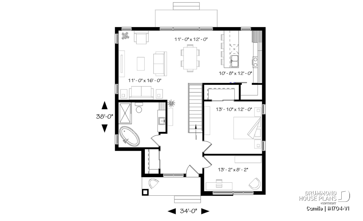 1st level - Mid-Century Modern House Plan, 9' ceiling, Open Concept, Kitchen with Pantry - Camille