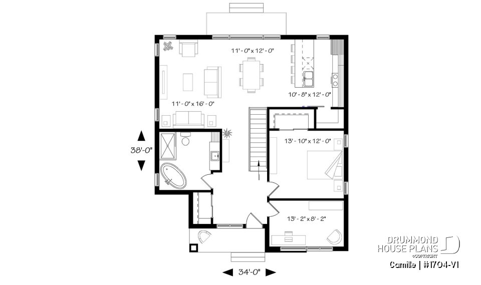 1st level - Mid-Century Modern House Plan, 9' ceiling, Open Concept, Kitchen with Pantry - Camille
