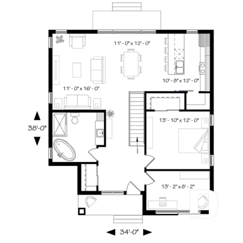 1st level - Mid-Century Modern House Plan, 9' ceiling, Open Concept, Kitchen with Pantry - Camille