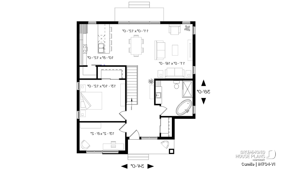 1st level - Mid-Century Modern House Plan, 9' ceiling, Open Concept, Kitchen with Pantry - Camille
