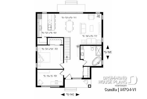 1st level - Modern rustic house plan, 9' ceiling, open concept, kitchen with pantry, laundry in daylight basement - Camille
