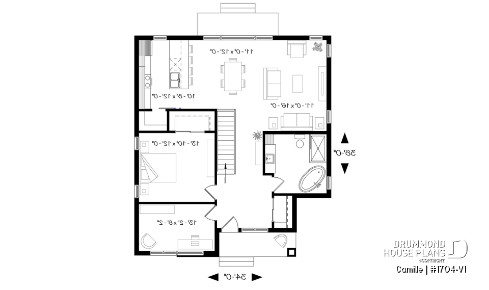 1st level - Mid-Century Modern House Plan, 9' ceiling, Open Concept, Kitchen with Pantry - Camille