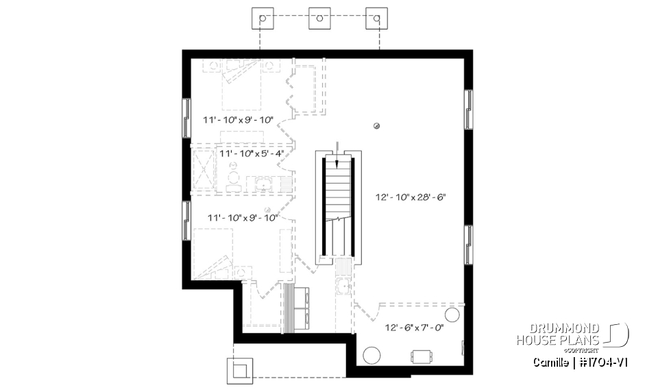 Basement - Mid-Century Modern House Plan, 9' ceiling, Open Concept, Kitchen with Pantry - Camille