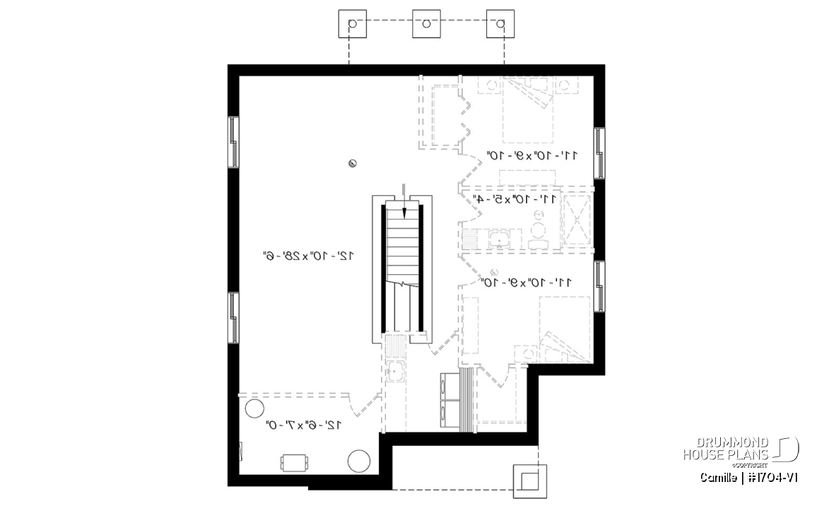 Basement - Mid-Century Modern House Plan, 9' ceiling, Open Concept, Kitchen with Pantry - Camille