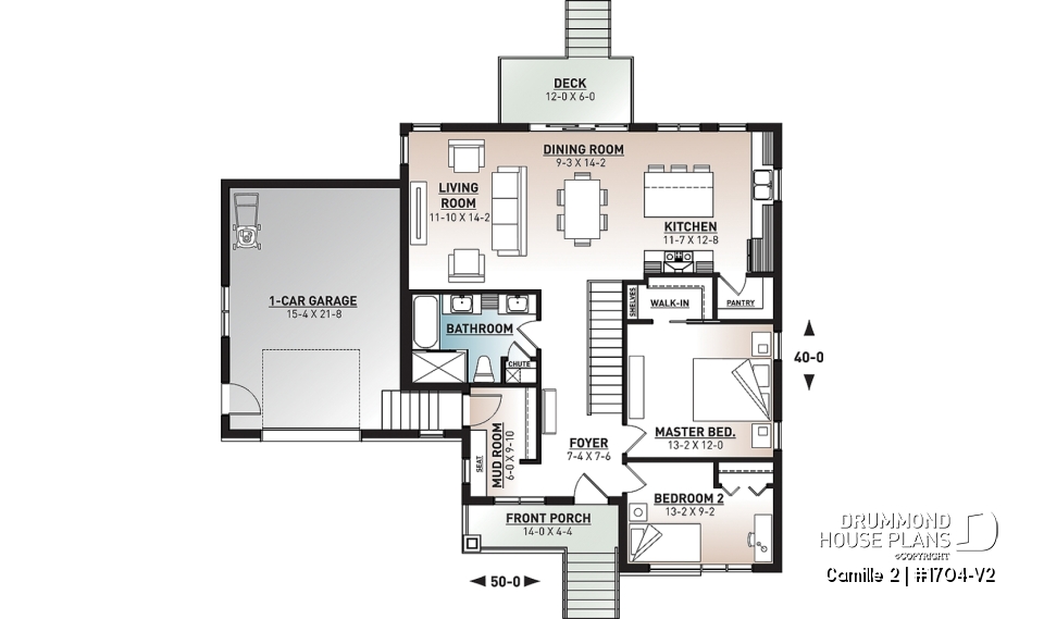 1st level - 2 bedroom mid-century bungalow with garage, mud room, pantry and living space located at the back - Camille 2
