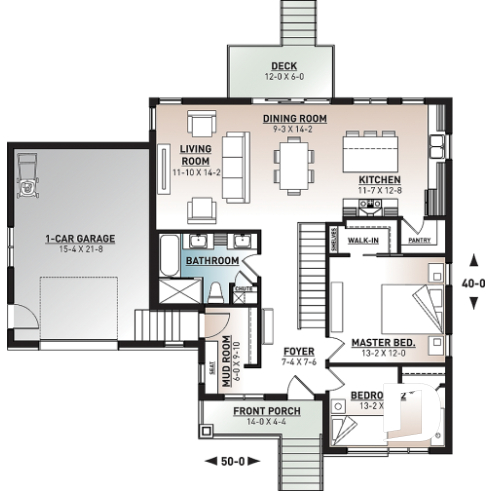 1st level - 2 bedroom mid-century bungalow with garage, mud room, pantry and living space located at the back - Camille 2