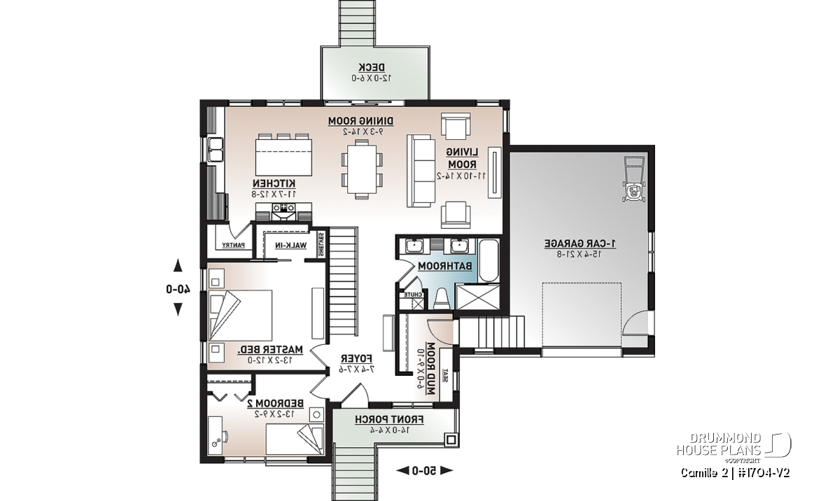 1st level - 2 bedroom mid-century bungalow with garage, mud room, pantry and living space located at the back - Camille 2