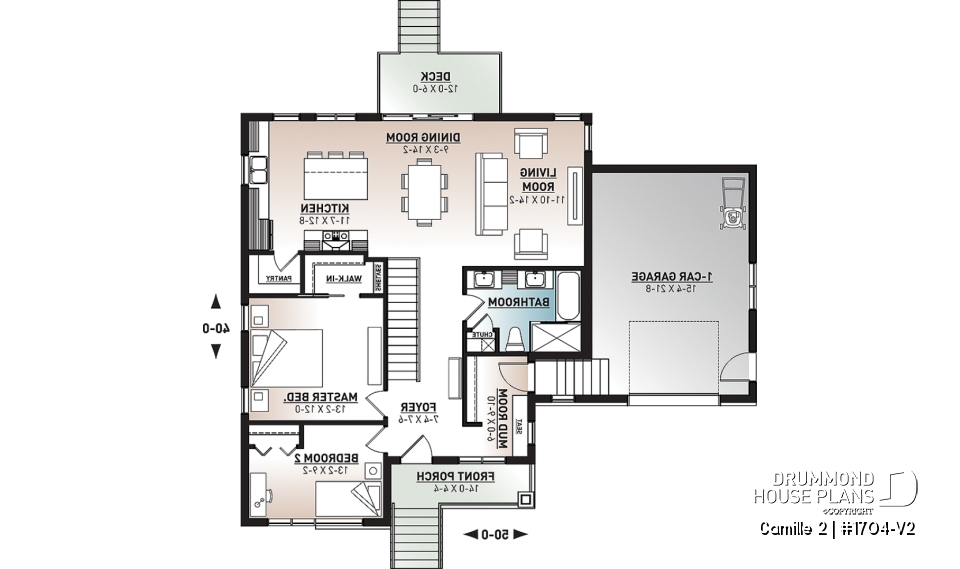 1st level - 2 bedroom mid-century bungalow with garage, mud room, pantry and living space located at the back - Camille 2